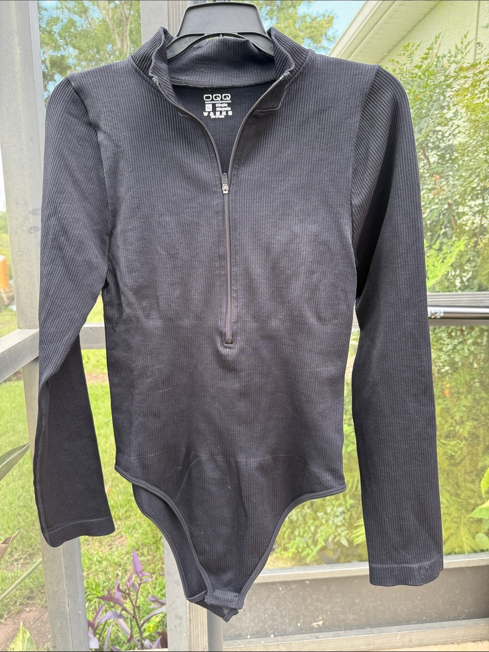 Black Ribbed Zip-Front long sleeve Women’s Bodysuit